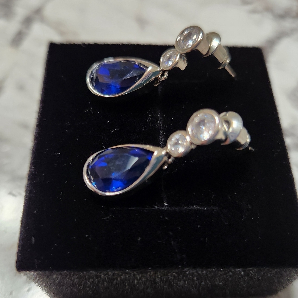 New Gemstone Blue Sapphire Drop Earrings - Picture 3 of 4
